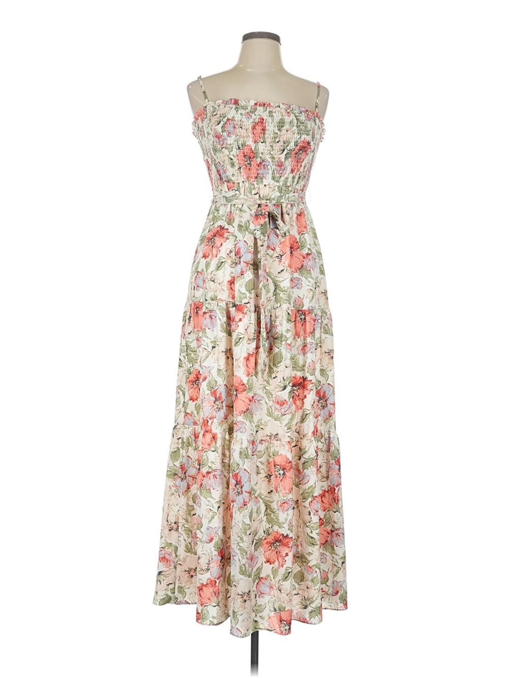 NWT Style State Size 10 Floral Smocked Strap Maxi Dress - White & Coral